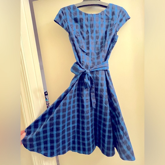 Dresses & Skirts - Dressystar 1950s vibe cap sleeve A-line dress, blue plaid full skirt size medium